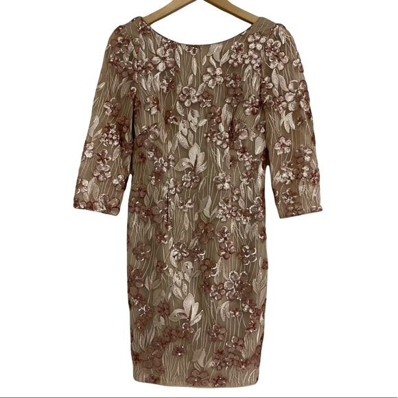 AIDAN AIDAN MATTOX Floral-Embroidered Sequin Dress Cocktail Champagne Size 4 - Picture 5 of 14